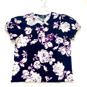 Rachel Roy Puff Short Sleeve Tee Shirt Top Floral Black Cotton NEW Size XL